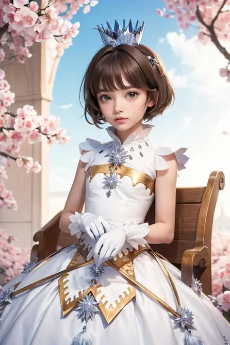 (masterpiece, best quality:1.1), petite, <lora:kinomoto_sakura_v1:0.7>, kinomoto sakura, 1girl, brown hair, short hair, antenna hair, ahoge, crown, green eyes, white dress, sleeveless, white gloves