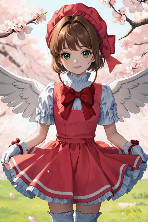 <lyco:kinomoto_sakura_v1:1.0> 
kinomoto sakura, 1girl, brown hair, short hair, antenna hair, red headwear, green eyes, frills, red dress, puffy short sleeves, white gloves, red bow, white thighhighs, white wings
(best quality, masterpiece, RAW photo,ultra-detailed:1.2), <lyco:GoodHands-beta2:1.0>,1girl,solo,looking at viewer,smile
 city, cherry blossom