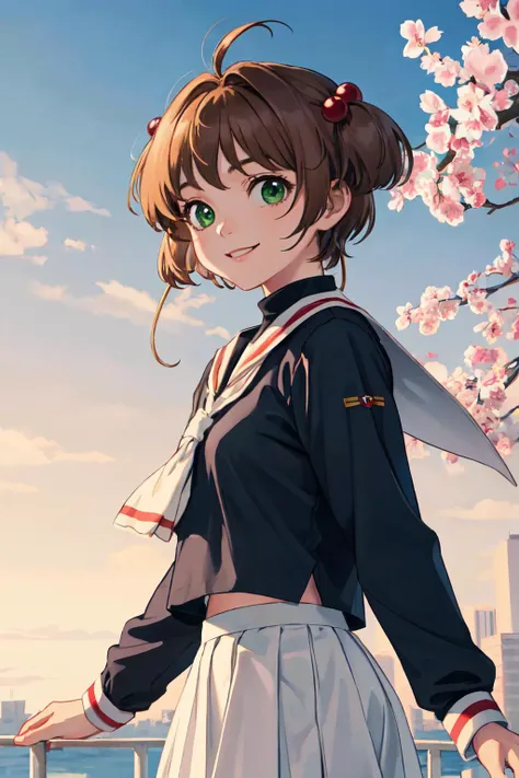 kinomoto sakura, 1girl, brown hair, short hair, antenna hair, two side up, hair bobbles, green eyes, school uniform, white sailor collar, black shirt, long sleeves, white skirt, pleated skirt
(best quality, masterpiece, RAW photo,ultra-detailed:1.2), <lyco:GoodHands-beta2:1.0>,1girl,solo,looking at viewer,smile
<lyco:kinomoto_sakura_v1:1.0>