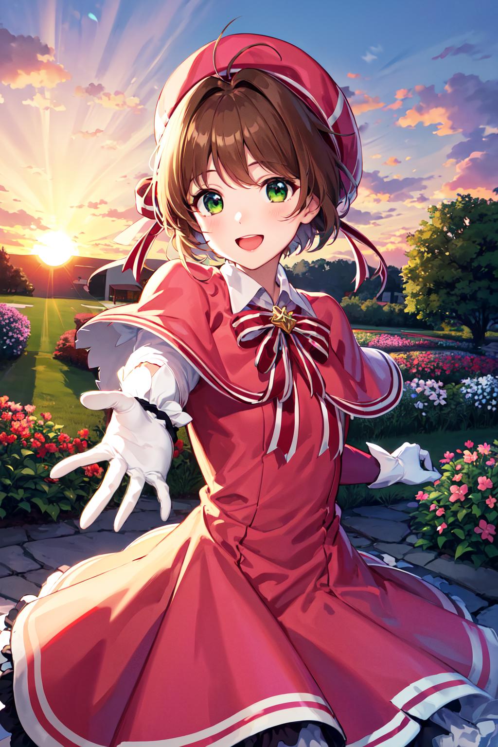 A girl in a red dress is standing in a garden - SeaArt AI