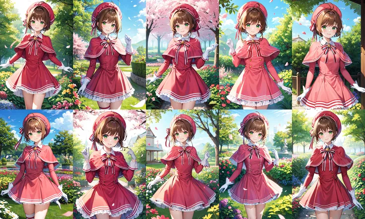 masterpiece, best quality, highres, kinomoto sakura, 1girl, brown hair, short hair, antenna hair, pink headwear, green eyes, capelet, pink dress, striped ribbon, long sleeves, white gloves, <lora:kinomoto_sakura_v1:0.7>, standing, cowboy shot, smile, garden, petals,