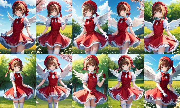 masterpiece, best quality, highres, kinomoto sakura, 1girl, brown hair, short hair, antenna hair, red headwear, green eyes, frills, red dress, puffy short sleeves, white gloves, red bow, white thighhighs, wings, <lora:kinomoto_sakura_v1:0.7>, cowboy shot, standing, outdoors, field,