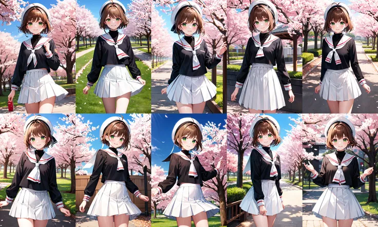 masterpiece, best quality, highres, kinomoto sakura, 1girl, brown hair, short hair, antenna hair, white headwear, green eyes, school uniform, white sailor collar, black shirt, long sleeves, white skirt, pleated skirt, <lora:kinomoto_sakura_v1:0.7>, cowboy shot, standing, cherry blossoms, outdoors, smile