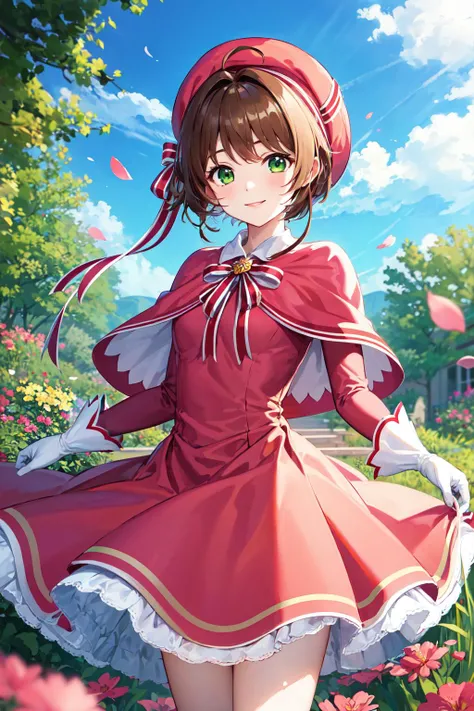 masterpiece, best quality, highres, kinomoto sakura, 1girl, brown hair, short hair, antenna hair, pink headwear, green eyes, capelet, pink dress, striped ribbon, long sleeves, white gloves, <lora:kinomoto_sakura_v1:0.7>, standing, cowboy shot, smile, garden, petals,