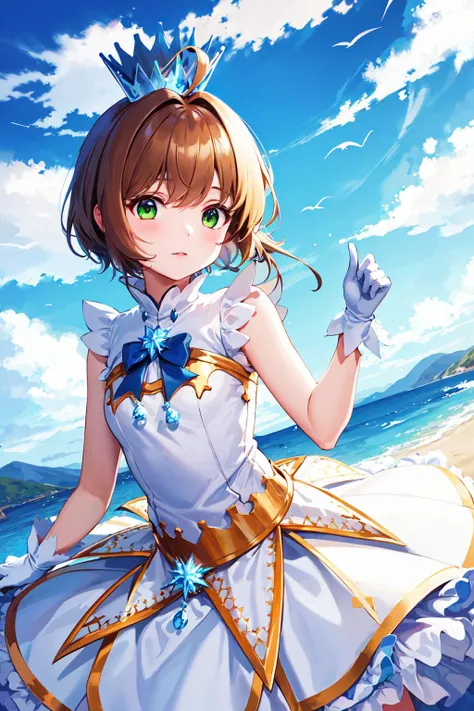 masterpiece, best quality, highres, kinomoto sakura, 1girl, brown hair, short hair, antenna hair, ahoge, crown, green eyes, white dress, sleeveless, white gloves,<lora:kinomoto_sakura_v1:0.7>, cowboy shot, blue sky,