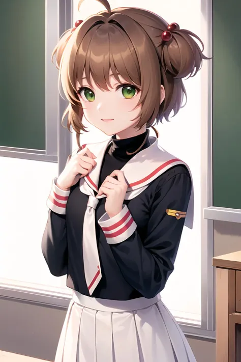 <lora:Character_KinomotoSakura_h_madoka_v1:1>,
kinomoto sakura, 1girl, brown hair, short hair, antenna hair, two side up, hair bobbles, green eyes, school uniform, white sailor collar, black shirt, long sleeves, white skirt, pleated skirt,
light smile,
hands on own chest,
classroom,
(best quality), ((masterpiece)), (highres), original, extremely detailed wallpaper,shiny, chromatic aberration abuse, detailed background, vivid color, (highly ultra detailed face and hair and skin and eyes and finger and cloth and background and hair:1.2),