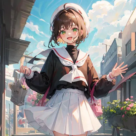 masterpiece, best quality, highres, kinomoto sakura, 1girl, brown hair, short hair, antenna hair, white headwear, green eyes, school uniform, white sailor collar, black shirt, long sleeves, white skirt, pleated skirt, <lora:kinomoto_sakura_v1:0.7>, waving, smile, open mouth, standing, cowboy shot, outdoors,