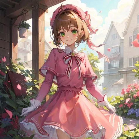 masterpiece, best quality, highres, kinomoto sakura, 1girl, brown hair, short hair, antenna hair, pink headwear, green eyes, capelet, pink dress, striped ribbon, long sleeves, white gloves, <lora:kinomoto_sakura_v1:0.7>, standing, cowboy shot, smile, garden, petals,