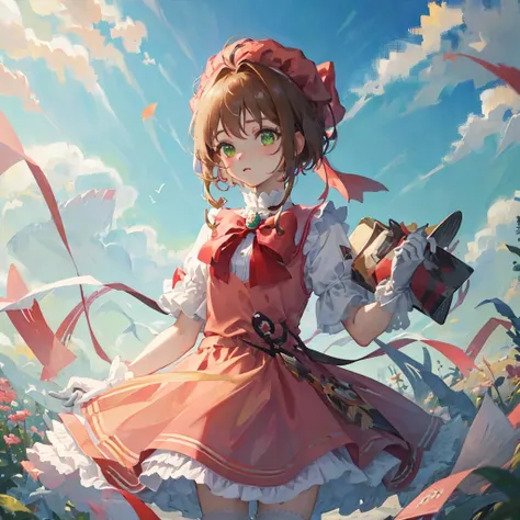 masterpiece, best quality, highres, kinomoto sakura, 1girl, brown hair, short hair, antenna hair, red headwear, green eyes, frills, red dress, puffy short sleeves, white gloves, red bow, white thighhighs, wings, <lora:kinomoto_sakura_v1:0.7>, cowboy shot, standing, outdoors, field,