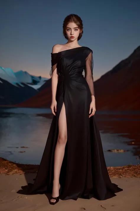 a fashion portrait of a beautiful female super model wearing haute couture of Dark Chocolate Brown, photo by edward weston, professional medium format film, sharp focus, autumn, evening, beautiful scenery, glacier, (full body:1.4), blue gray eye pupil, <lora:weber:0.9>