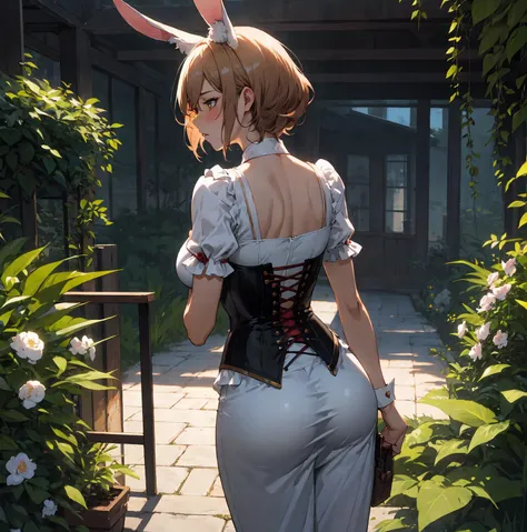 anime, beautiful lady, in garden, intricate corset, bunny tail, bunny ear, looking over shoulder, hands on ass
, embarrassed, short hair, curly hair
[bartolomeobari:ibuki satsuki, iuui:0.6](Masterpiece, Hypermaximalist, Maximalism, Best Quality, 8k, Highres, Absurdres, 4k, High Quality, Ultra High Res, Highest Quality, Ultra Detailed, 8k Uhd, Realistic, Highly Detailed, Ultra-Detailed:1.0), (Cinematic Lighting, Hdr, Raw Photo, Sharp Focus, Photorealistic, Realistic:1.0),