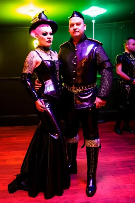 Photo  girl, in ornate royal dress, latex, and a [man in a medieval armour] , in dark alternative club  ballroom at night, punk, [InToThe2KGothClub:0,4] neon lights