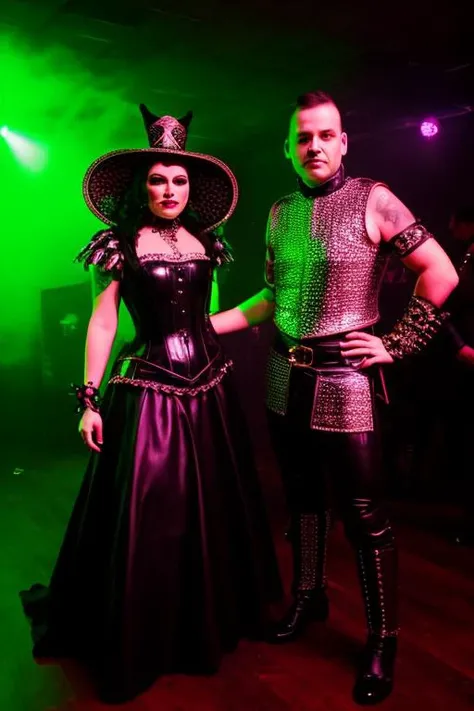 Photo  girl, in ornate royal dress, latex, and a [man in medieval  iron knight armour] , in dark alternative club  ballroom at night, punk, [InToThe2KGothClub:0,4] neon lights