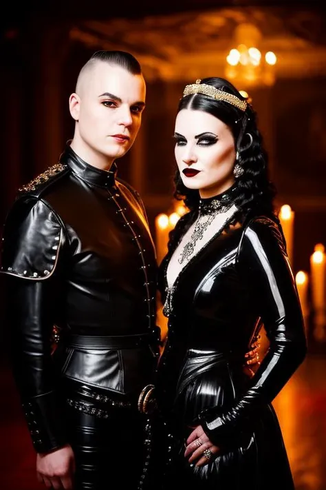 Photo closeup of 2girls, in ornate royal dress, latex, leather renounce 1boy, in medieval castell old ballroom at night, punk, [InToThe2KGothClub:0,4] light from the side