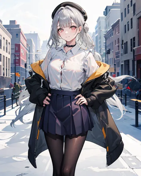 masterpiece,1girl,solo, <lora:ScyllaV2-000008:1>,scyllaschool,large breasts, skirt,hand on hip, light smile, closed mouth, outdoors,cityscape, standing,black_pantyhose