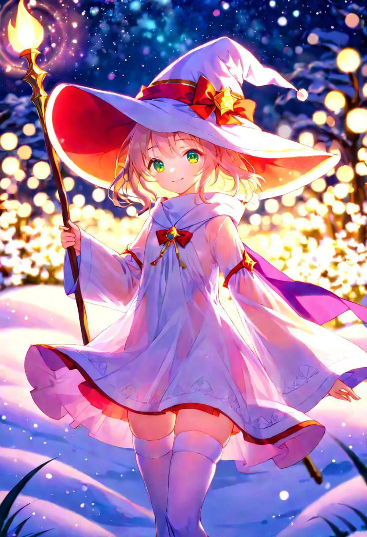 anime, cute girl, wizard hat, robe, thigh-highs, holding ancient staff, happy, midnight, bloom, ambient occlusion, glow, glowing lights, light particles, transparent, translucent, bokeh, depth of field, snow, wind