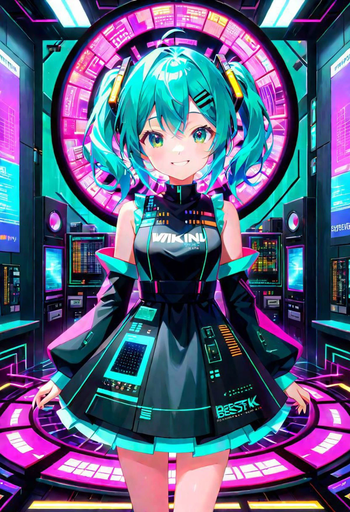 5 colors,prompt,design,patchwork,New work,new,text, dress,electronic circuit pattern,miku,masterpiece, best quality, 8K, (photorealistic:1.4),(Vivid colors:1.3),(content expression:1.3),Electronic girl. Cyberpunk magic. Electronic wings dress. Electronic room. A world with an original and fantastical atmosphere. A world with an original and fantastical atmosphere,smile,yellow Electronic hair,blue Electronic eye,pink long dress,cute,soft,cool,kawaii,flower,soft,thin,wind,sit,skart,soaring feathers,Lens flare,glitter,,lotus,vine,electronic room,fly,fire,water,rug,ring,,float,wing dress,,warp,rise ,Transform,flow,science,embroidery,eyelashes,loose,sfw,&a,&,Even array,gaming keyboard,Cool pattern,crystal,minuteness,perspective