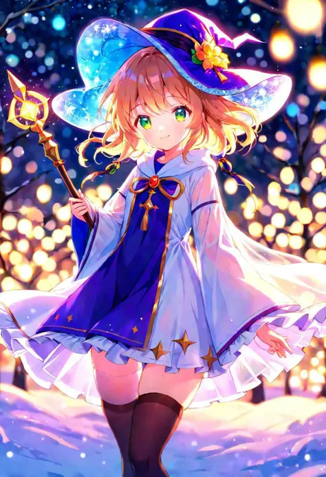 anime, cute girl, wizard hat, robe, thigh-highs, holding ancient staff, happy, midnight, bloom, ambient occlusion, glow, glowing lights, light particles, transparent, translucent, bokeh, depth of field, snow, wind