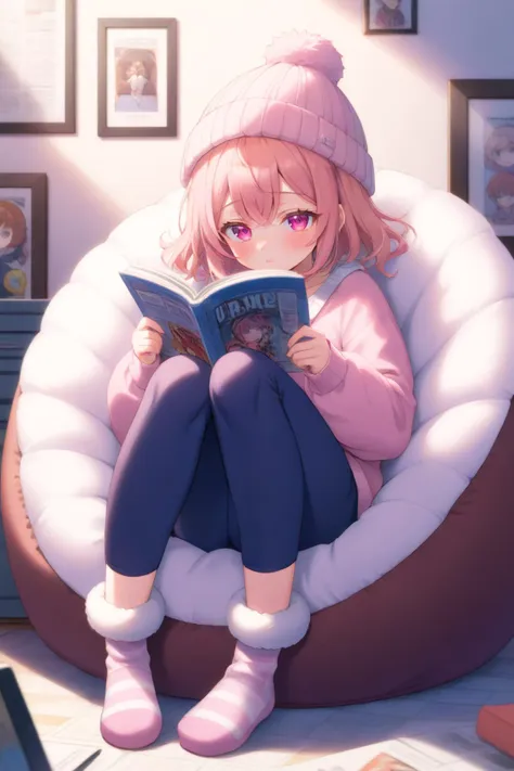 A cozy anime girl in a chunky knit sweater and fuzzy socks sits curled up in a beanbag chair, reading a comic book. Her hair is messy and tucked under a beanie
<lora:lcm-lora-sdxl:0.6>, (highres, highly detailed:1.2), aesthetic, masterpiece