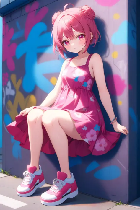 A stylish anime girl in a flowy floral dress and chunky platform sneakers in front of a vibrant graffiti wall. Her hair is styled in a messy bun.
<lora:lcm-lora-sdxl:0.6>, (highres, highly detailed:1.2), aesthetic, masterpiece