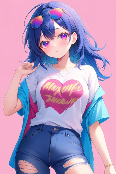 A trendy anime girl in a vintage band tee and ripped mom jeans. Her hair is dyed a vibrant blue, and she wears a pair of statement sunglasses.
<lora:lcm-lora-sdxl:0.6>, (highres, highly detailed:1.2), aesthetic, masterpiece