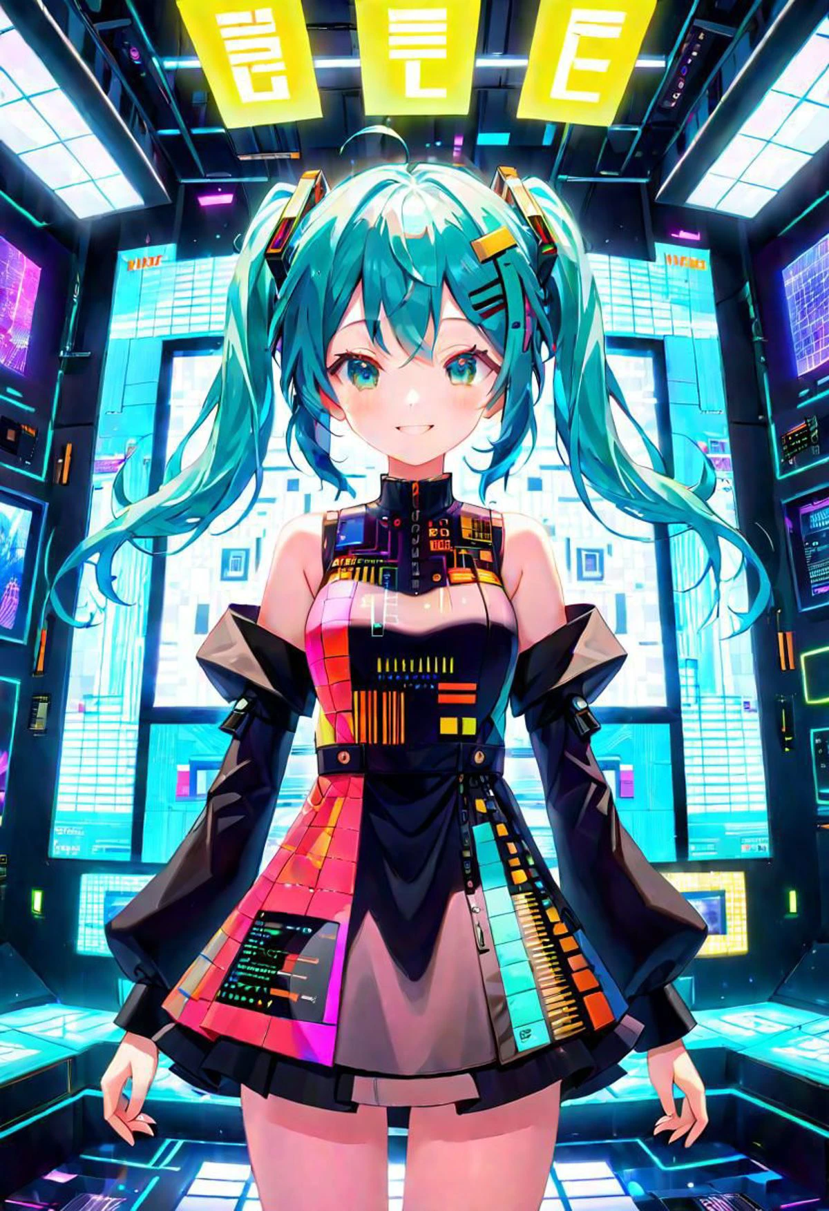 5 colors,prompt,design,patchwork,New work,new,text, dress,electronic circuit pattern,miku,masterpiece, best quality, 8K, (photorealistic:1.4),(Vivid colors:1.3),(content expression:1.3),Electronic girl. Cyberpunk magic. Electronic wings dress. Electronic room. A world with an original and fantastical atmosphere. A world with an original and fantastical atmosphere,smile,yellow Electronic hair,blue Electronic eye,pink long dress,cute,soft,cool,kawaii,flower,soft,thin,wind,sit,skart,soaring feathers,Lens flare,glitter,,lotus,vine,electronic room,fly,fire,water,rug,ring,,float,wing dress,,warp,rise ,Transform,flow,science,embroidery,eyelashes,loose,sfw,&a,&,Even array,gaming keyboard,Cool pattern,crystal,minuteness,perspective