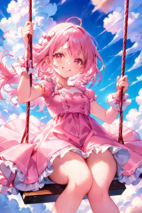 A girl in a fluffy pink dress sitting on a cloud, swinging her legs back and forth with a bright smile., (highres, highly detailed:1.2), aesthetic, masterpiece