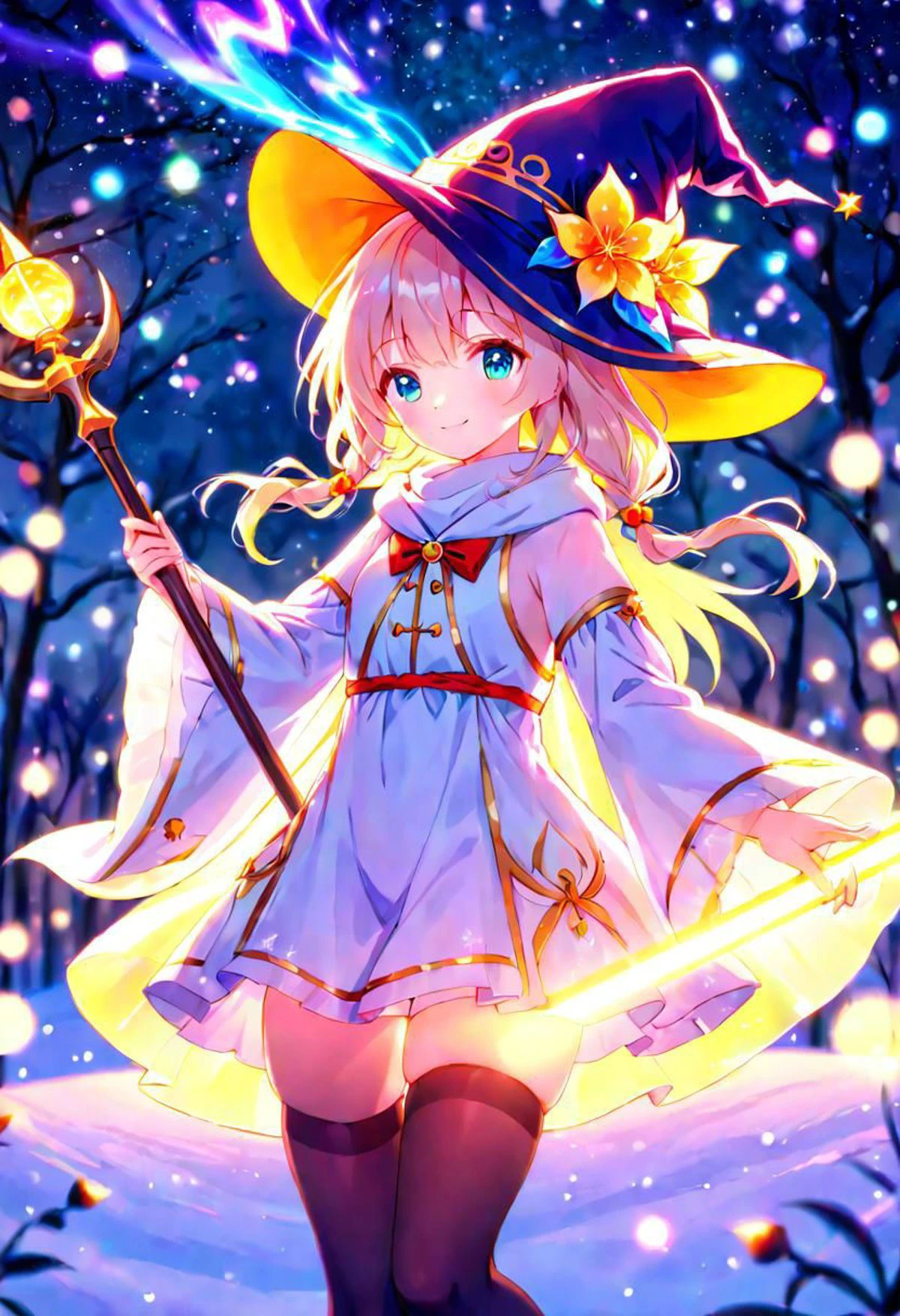 anime, cute girl, wizard hat, robe, thigh-highs, holding ancient staff, happy, midnight, bloom, ambient occlusion, glow, glowing lights, light particles, transparent, translucent, bokeh, depth of field, snow, wind