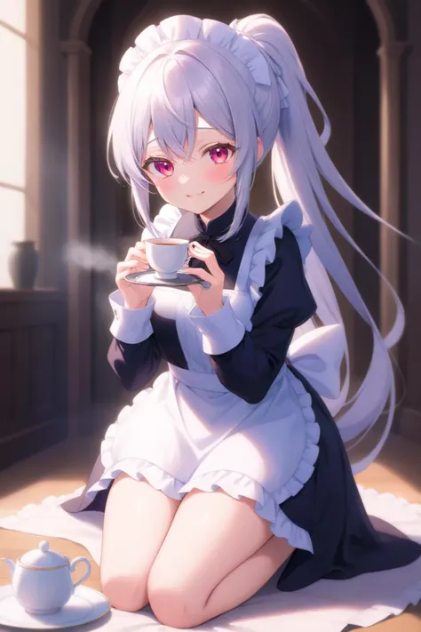 anime girl in a maid outfit kneels gracefully, offering a steaming cup of tea on a silver tray. Her long hair is tied up in a ponytail, and she has a gentle smile on her face.
<lora:lcm-lora-sdxl:0.6>, (highres, highly detailed:1.2), aesthetic, masterpiece