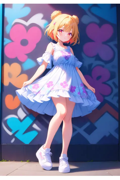 A stylish anime girl in a flowy floral dress and chunky platform sneakers in front of a vibrant graffiti wall. Her hair is styled in a messy bun.
<lora:lcm-lora-sdxl:0.6>, (highres, highly detailed:1.2), aesthetic, masterpiece