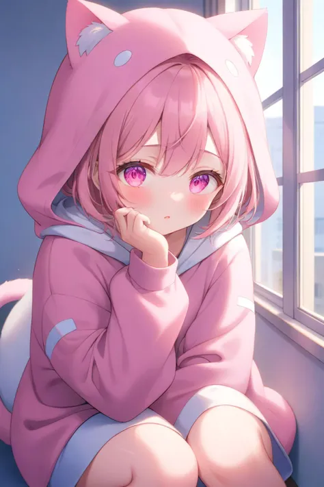 A shy anime girl in a giant, oversized cat hoodie sits on a windowsill, reading a book. Her bright, curious eyes peek out from the hoodie's hood, and her cheeks are flushed with a hint of pink.
<lora:lcm-lora-sdxl:0.6>, (highres, highly detailed:1.2), aesthetic, masterpiece