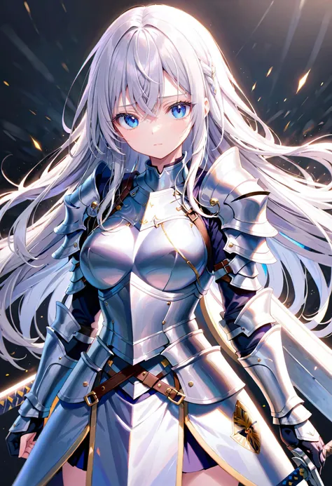 1girl, armor, bangs, blue eyes, breastplate, breasts, closed mouth, gauntlets, hair between eyes, holding, holding sword, holding weapon, knight, long hair, looking at viewer, pauldrons, shoulder armor, silver hair, solo, standing, sword, weapon, battlefield background