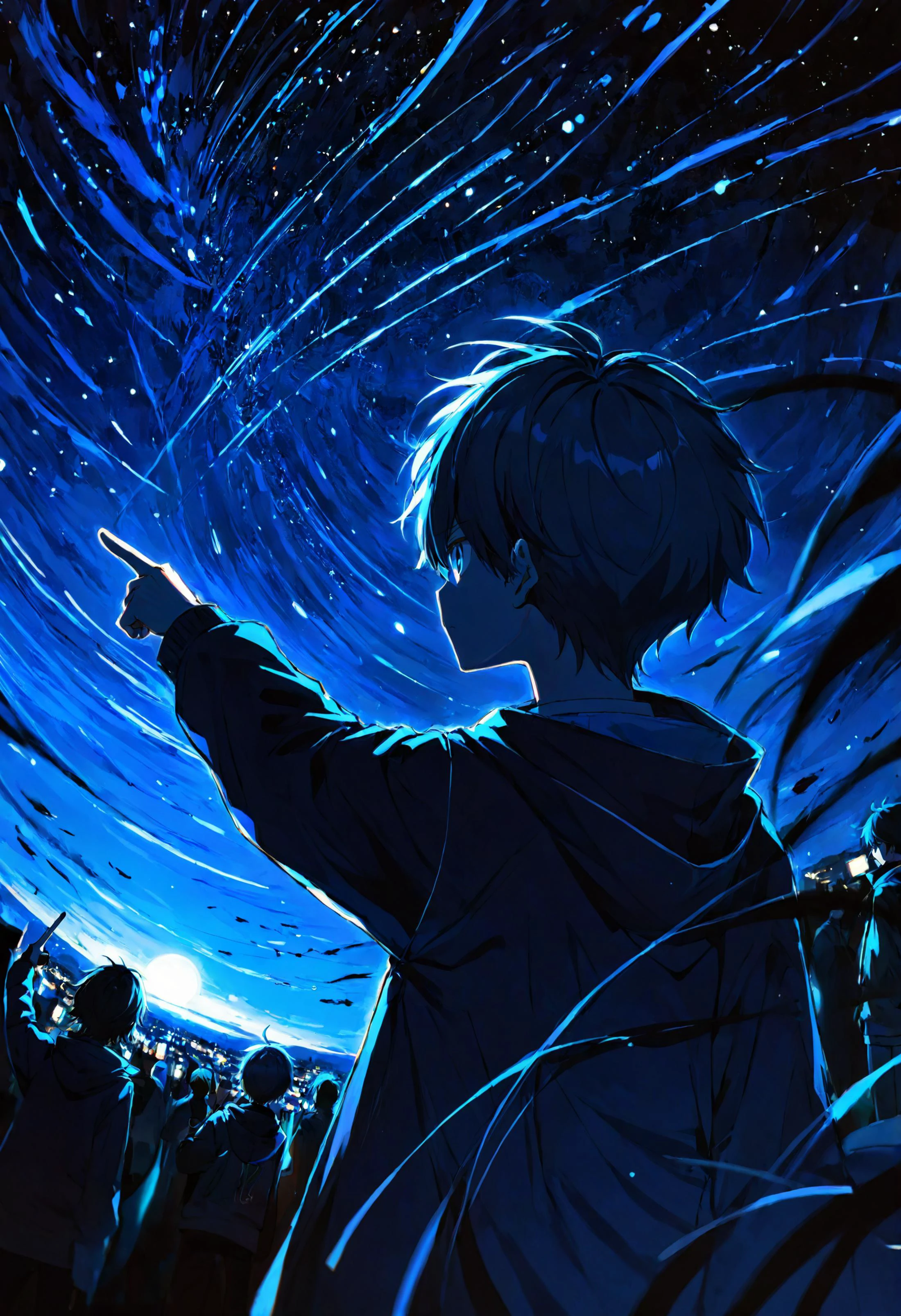 (detailed anime artwork:1.2) from behind of a boy looking up and pointing at the night sky, detailed background with a blue tint, cinematic wide shot with high contrast