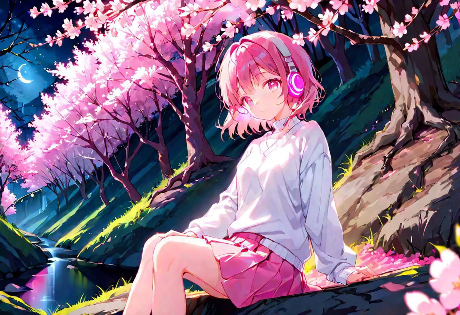 girl, ravine, sitting by a tree, aesthetics, pink headphones, white sweater, pink skirt, sakura blossoms glowing, night, beautiful, masterpiece