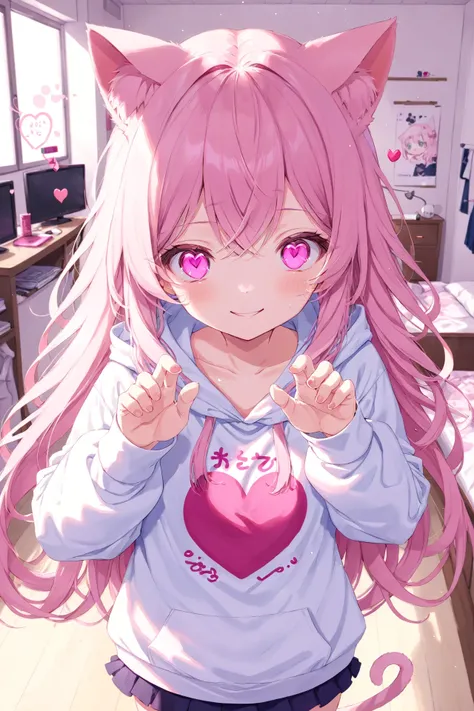 anime style, cute girl, (heart-shaped eyes:1.5), smile, pink hair, long hair, paw pose, cat ears, white hoodie, messy room