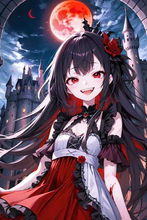 vampire girl, (smirk:1.5), black long hair, red eyes, fang, blood moon, moonlight, dress, castle, scenery, gothic, face focus, from below, dutch angle