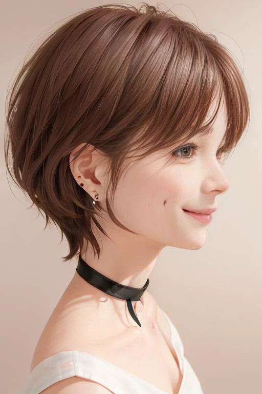 (1girl), (best quality), (masterpiece), (high resolution), (intricate details), (photorealistic), (cinematic light), <lora:short_hair:0.8>
solo, brown hair, nape, blurry, upper body, blurry background, wavy hair, smile, realistic, looking at viewer, lips, upper body, off shoulder, shirt
white background, upper body, brown eyes, closed mouth, profile, lips, nose, portrait, earrings, parted lips, black choker, ear piercing
sleeves past wrists, simple background