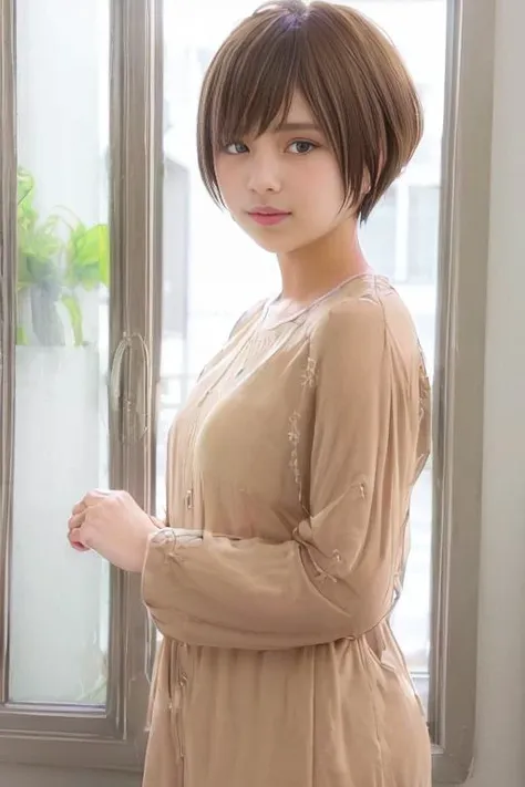 (1girl), (best quality), (masterpiece), (high resolution), (intricate details), (photorealistic), (cinematic light) <lora:SBobHaircut:0.8>
1girl, short hair, solo, looking at viewer, brown hair, shirt, realistic, upper body, smile, lips, parted lips, white shirt, window, blurry, brown eyes, indoors