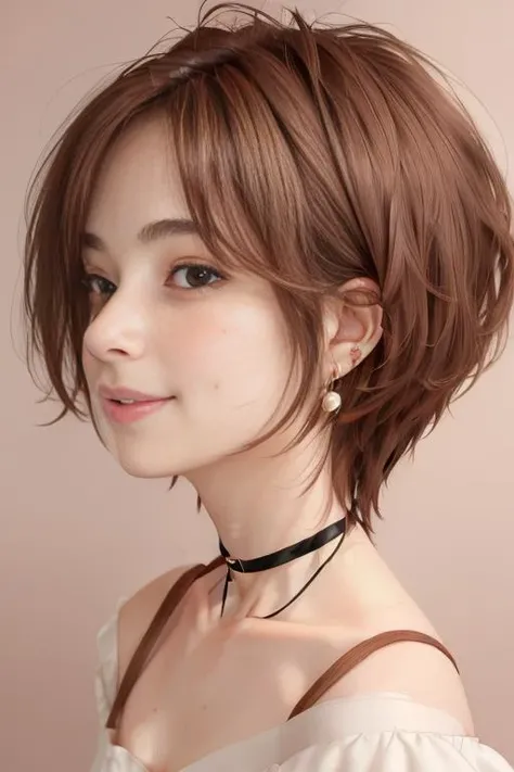 (1girl), (best quality), (masterpiece), (high resolution), (intricate details), (photorealistic), (cinematic light),  <lora:short_hair:0.8>
solo, brown hair, nape, blurry, upper body, blurry background, wavy hair, smile,  realistic, looking at viewer, lips, upper body, off shoulder, shirt
white background, upper body, brown eyes, closed mouth,  profile, lips, nose, portrait, earrings, parted lips, black choker, ear piercing
sleeves past wrists, simple background