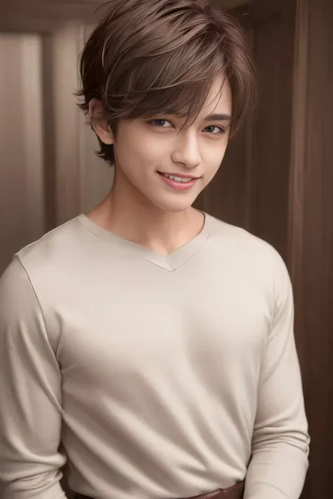 (1boy), (best quality), (masterpiece), (high resolution), (intricate details), (photorealistic), (cinematic light), <lora:short_hair:0.3>
solo, realistic, short hair, brown hair, looking at viewer, smile, shirt, brown eyes, piercing, upper body, teeth, white shirt