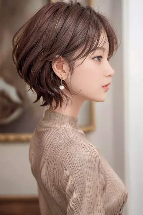(1girl), (best quality), (masterpiece), (high resolution), (intricate details), (photorealistic), (cinematic light) <lora:short_hair:0.8>
solo, earrings, jewelry, portrait, profile, realistic, brown hair, lips, black hair, black eyes, from behind, brown hair, facing away, short hair, nape, sweater, blurry, upper body, blurry background, wavy hair