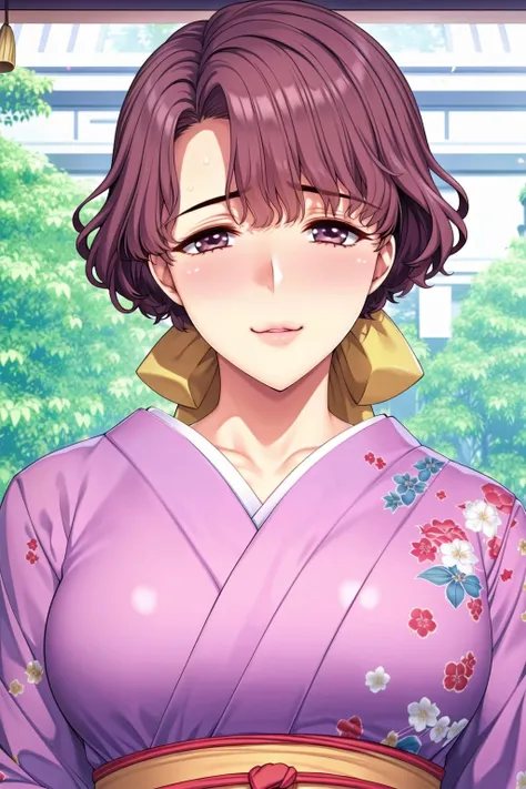 east asian architecture,
yukata, purple kimono  with a flowered design on it,,japanese clothes,
<lora:Reiko_Shingyouji_Doukyuusei-KK77-V1:0.7>,
brown hair,low ponytail,ribbon,bangs,brown eyes,
<lora:Mariana_Luciano_NON_VIRGIN-KK77-V1:0.3>,<lora:more_details:0.1>,
1 girl, 20yo,Young female,Beautiful Finger,Beautiful long legs,Beautiful body,Beautiful Nose,Beautiful character design, perfect eyes, perfect face,expressive eyes,perfect balance,
looking at viewer,(Focus on her face),closed mouth, (innocent_big_eyes:1.0),Light_Smile,
official art,extremely detailed CG unity 8k wallpaper, perfect lighting,Colorful, Bright_Front_face_Lighting,shiny skin, 
(masterpiece:1.0),(best_quality:1.0), ultra high res,4K,ultra-detailed,
photography, 8K, HDR, highres, absurdres:1.2, Kodak portra 400, film grain, blurry background, bokeh:1.2, lens flare, (vibrant_color:1.2),professional photograph, 
(Beautiful,large_Breasts:1.4), (beautiful_face:1.5),(narrow_waist),
