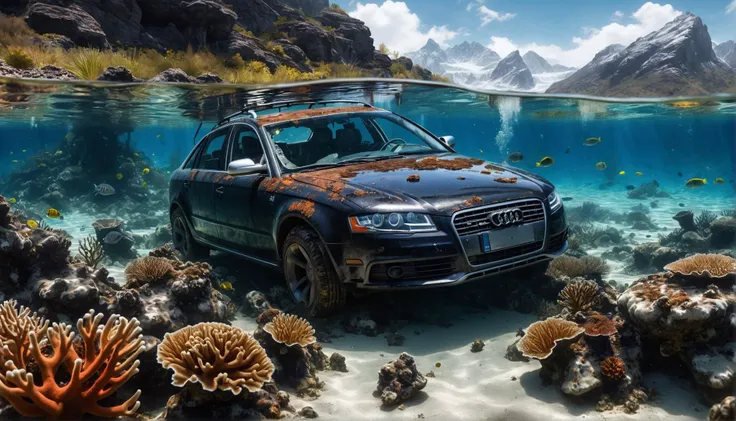 HDR, high resolution, extreme detail, (audi a4 8k) submerged under water with scatches and broken glass and flat tire standing for some years getting rusted and half overgrown with corals,(half withered:1.2),horizontal waterline with mountain in background like looking into a aquarium,broken glas,(scratches:1.1),painting,photo,extreme detail,blue,algea,car focus,underwater,coral reef,from side,winter mountains,from_below,full_shot,european landscape,rust,broken axes,(<lora:RMSDXL_Enhance:0.9>),<lora:Dystopia:0.4>,clear strong waterline,. award-winning,professional,highly detailed,black lacquer,black silver rims,(corals on the roof:1.2),(shattered discs:1.2),<lora:add-detail-xl:0.8>,