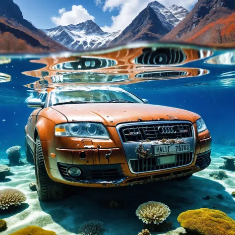 audi a4 submerged under water with scatches and broken glass and flat tire standing for some years,(half withered:1.2),horizontal waterline with mountain in background like looking into a aquarium,broken glas,(scratches:1.1),painting,photo,extreme detail,blue,algea,car focus,underwater,coral reef,from side,winter mountains,from_below,full_shot,european landscape,rust,broken axes,<lora:RMSDXL_Enhance:0.8>,<lora:Dystopia:0.3>,clear strong waterline,