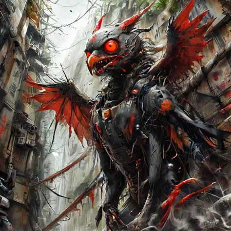 comic <lora:Dystopia:1> Among the towering bamboo forests, the Tengu soared with effortless grace, its wings slicing through the air like a blade. With each swoop, it unleashed a barrage of razor-sharp feathers, cutting down its enemies with deadly precision., graphic illustration, comic art, graphic novel art, vibrant, highly detailed