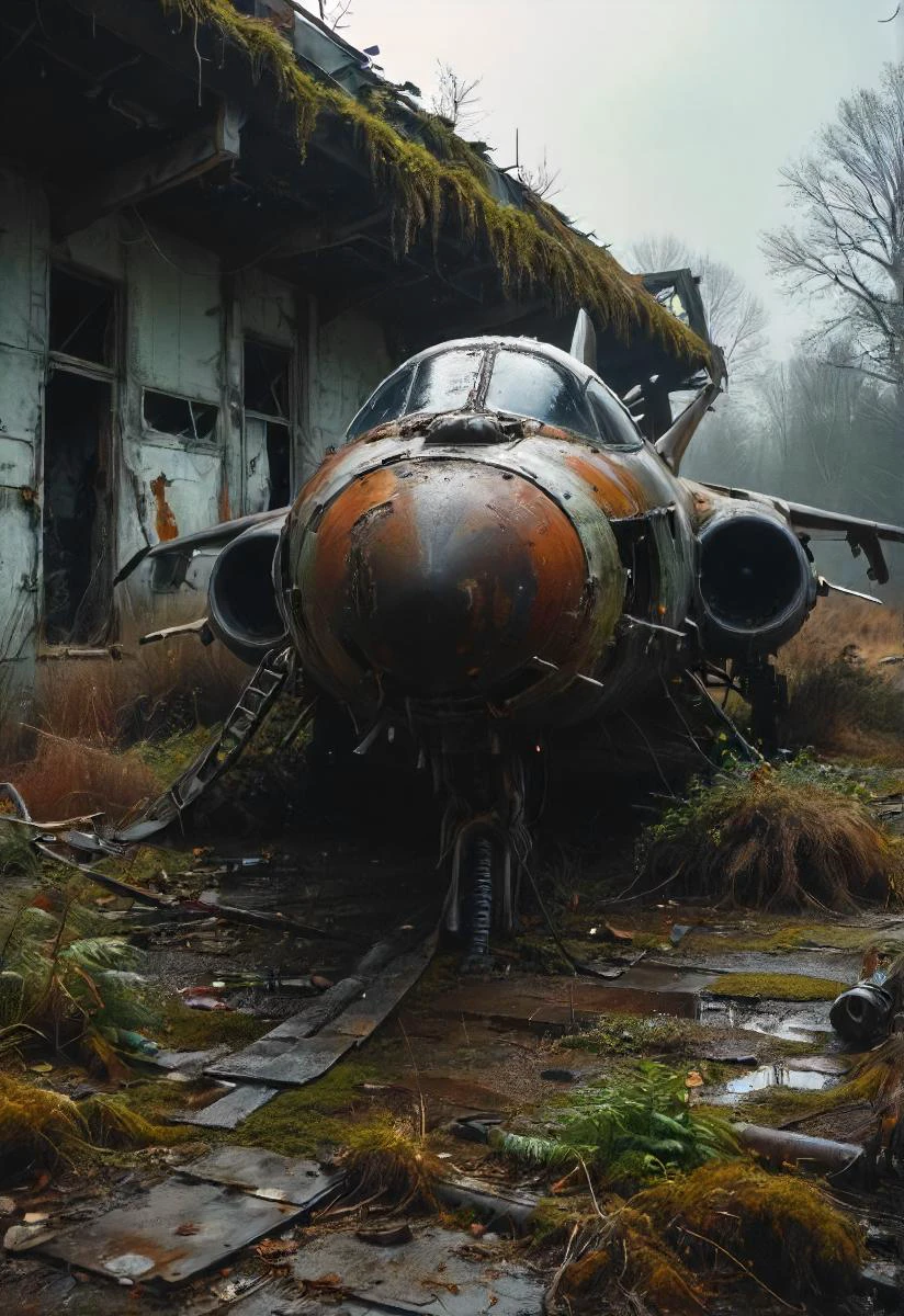 winter, dark, dusk, an abandoned old rusty fighter jet, an overgrown , frame weathered and worn, detailed <lora:SDXL - Style - Dystopia:0.5>