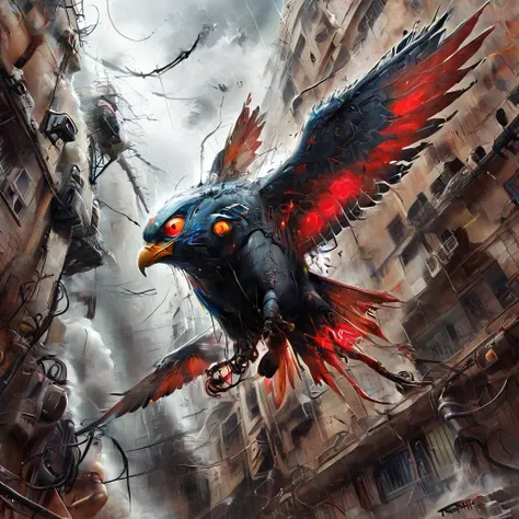 comic <lora:Dystopia:1> Amidst the storm-tossed skies, the Thunderbird soared with thunderous fury, its massive wings crackling with electricity. With each clap of thunder, it unleashed a barrage of lightning bolts that split the sky and sent lesser creatures fleeing in terror., graphic illustration, comic art, graphic novel art, vibrant, highly detailed