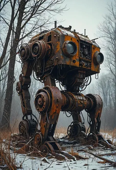 winter, dark, dusk, an abandoned old rusty mech, an overgrown , frame weathered and worn, detailed  <lora:SDXL - Style - Dystopia:0.5>