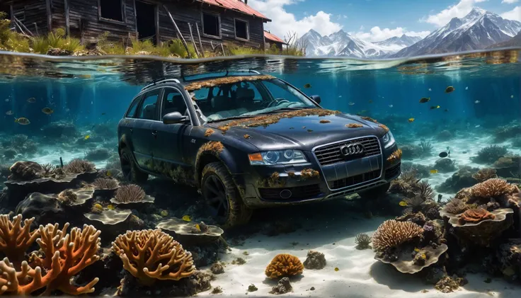 HDR, high resolution, extreme detail, (audi a4 8k) submerged under water with scatches and broken glass and flat tire standing for some years getting rusted and half overgrown with corals,(half withered:1.2),horizontal waterline with mountain in background like looking into a aquarium,broken glas,(scratches:1.1),painting,photo,extreme detail,blue,algea,car focus,underwater,coral reef,from side,winter mountains,from_below,full_shot,european landscape,rust,broken axes,(<lora:RMSDXL_Enhance:0.9>),<lora:Dystopia:0.4>,clear strong waterline,. award-winning,professional,highly detailed,black lacquer,black silver rims,(corals on the roof:1.2),(shattered discs:1.2),<lora:add-detail-xl:0.8>,