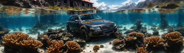 HDR, high resolution, extreme detail, (audi a4 8k) submerged under water with scatches and broken glass and flat tire standing for some years getting rusted and half overgrown with corals,(half withered:1.2),horizontal waterline with mountain in background like looking into a aquarium,broken glas,(scratches:1.1),painting,photo,extreme detail,blue,algea,car focus,underwater,coral reef,from side,winter mountains,from_below,full_shot,european landscape,rust,broken axes,(<lora:RMSDXL_Enhance:0.9>),<lora:Dystopia:0.4>,clear strong waterline,. award-winning,professional,highly detailed,black lacquer,black silver rims,(corals on the roof:1.2),(shattered discs:1.2),<lora:add-detail-xl:0.8>,